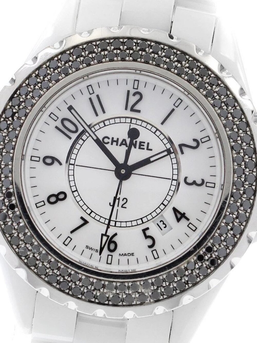 CHANEL J12 white ceramic H1630 black diamond bezel Quartz Ladies Watch_901950